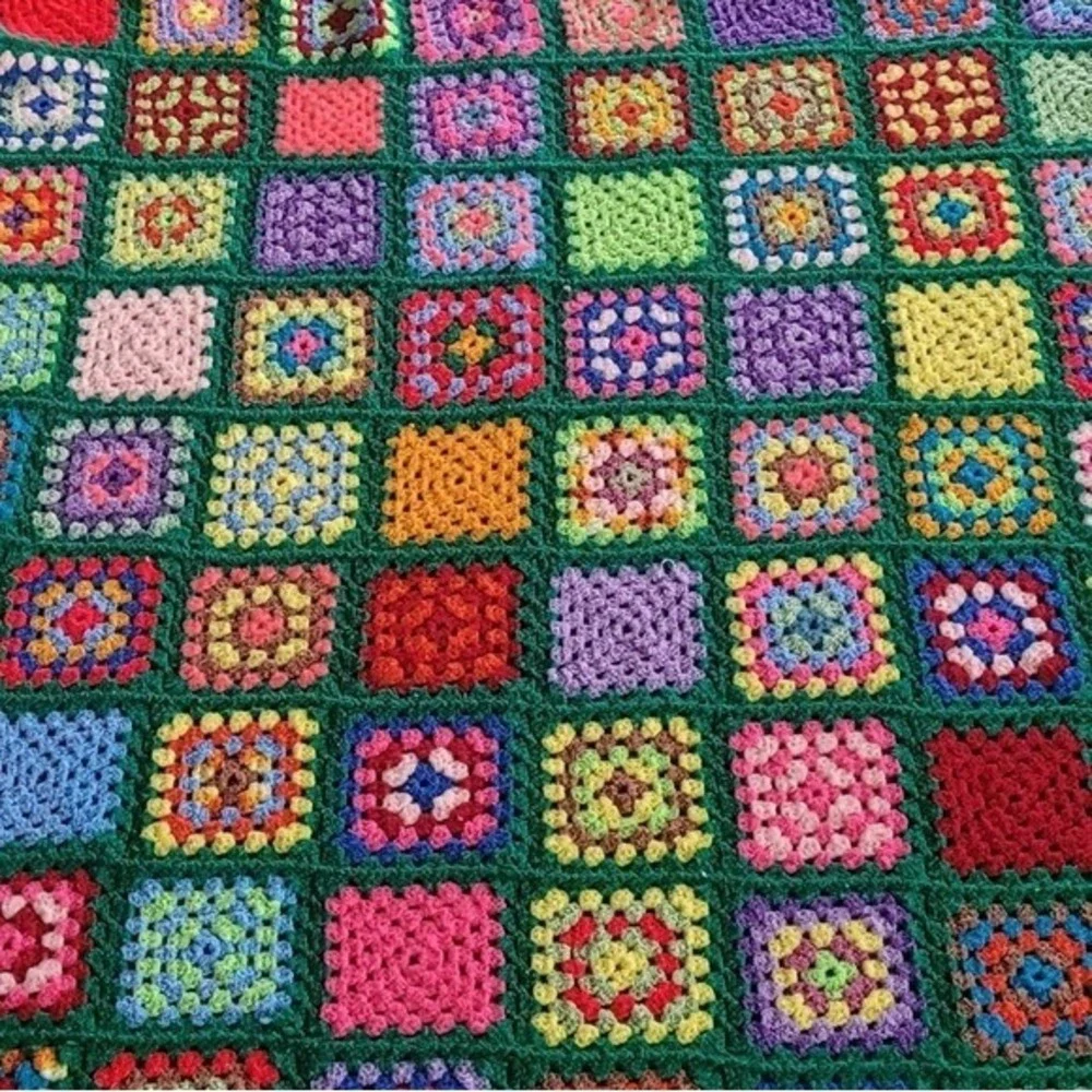 Vintage Handmade Crochet Granny Square Blanket Multicolor Green Afghan Throw‎